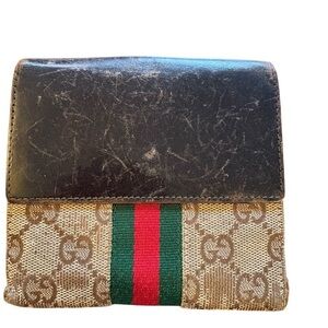Vintage Gucci Beige Monogram Wallet with Black Leather and Red-Green Stripe